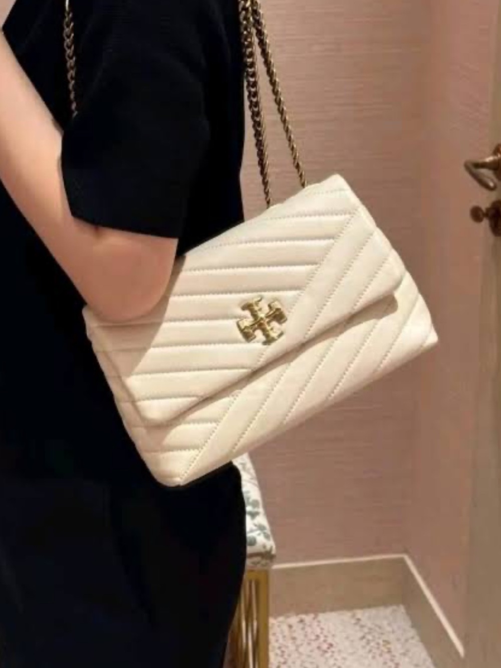 Tory Burch Cream Quilted Chevron Shoulder Bag with Gold Hardware 90446